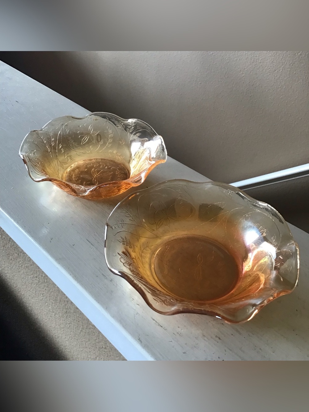 Vintage Jeanette Amber Iridescent Ruffled Fruit Bowls Set of 2